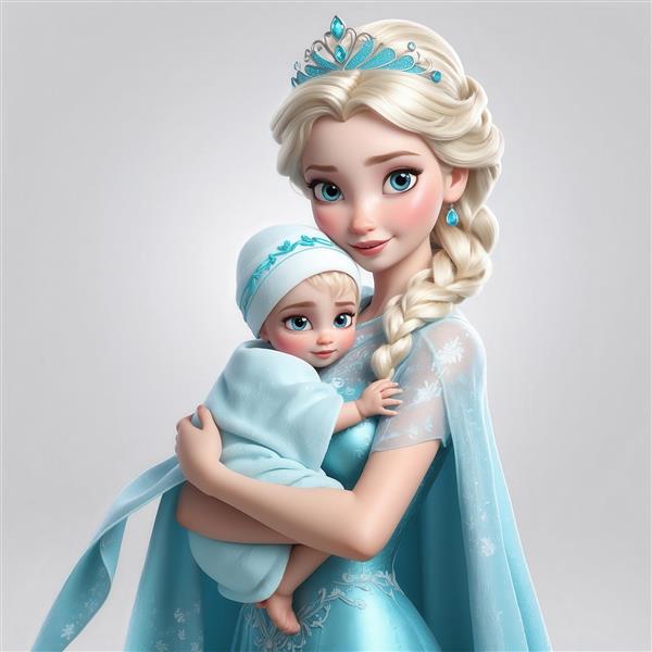 طرح کارتونی السا با نوزاد در آغوش لباس فیروزه‌ای برای اتاق کودک