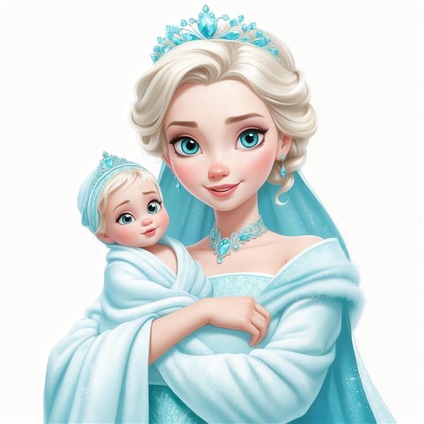 پرتره کارتونی السا و نوزاد در حال لبخند با تاج آبی برای قاب