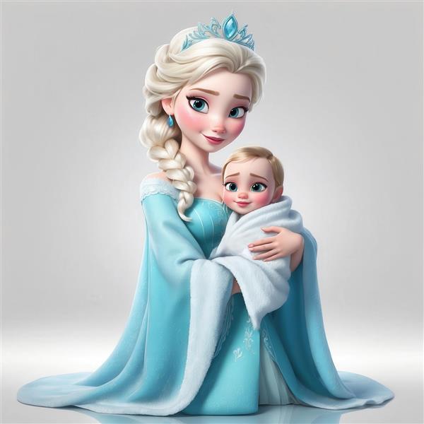 عکس کارتونی السا مادر با نوزاد در آغوش لباس آبی برای چاپ