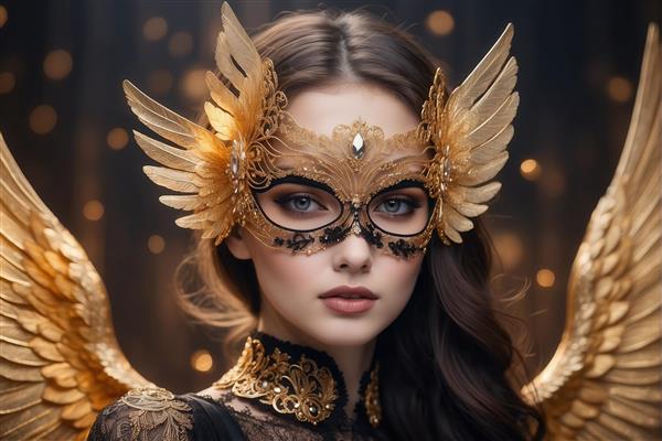 پرتره زن با ماسک طلایی مشکی و بال‌های بزرگ برای پوستر