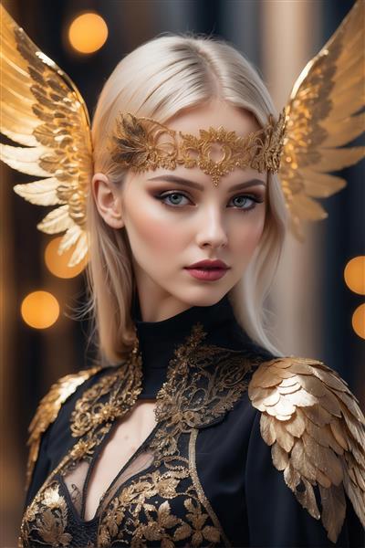 طرح پرتره زن با هدبند و بال‌های کوچک طلایی برای تابلو