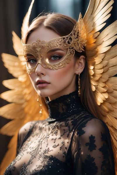 پرتره زن مرموز با ماسک توری طلایی و لباس مشکی شیک