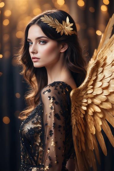 عکس زن فرشته با تاج برگ طلایی و لباس توری مشکی پولکی
