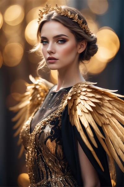 پرتره زن فرشته با شنل بال‌دار طلایی و تاج برگ زیتون