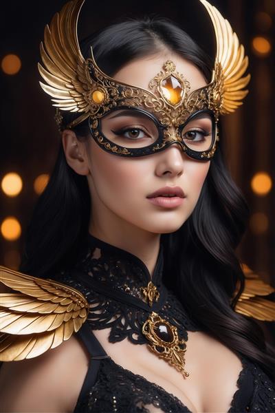 پرتره زن جذاب با ماسک و بال طلایی و لباس مشکی فانتزی