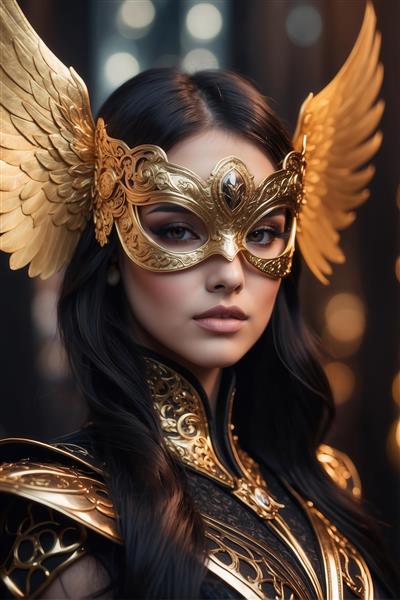 طرح زن جنگجوی مشکی طلایی با ماسک و بال بزرگ برای چاپ پرده