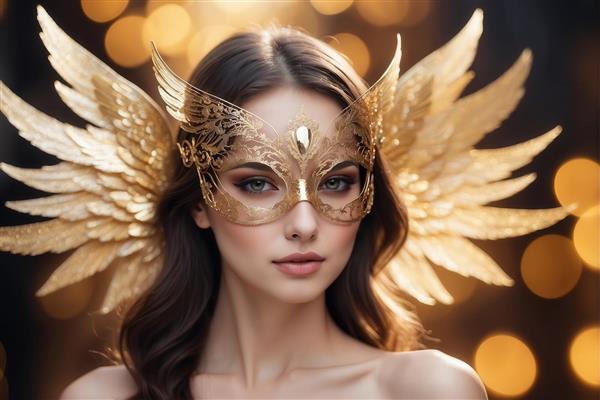 تصویر زن مرموز با ماسک و بال طلایی برای تابلو لوکس پذیرایی