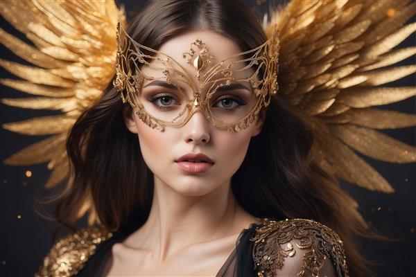 پرتره زن با ماسک طلایی بالدار و لباس مشکی برای چاپ کوسن