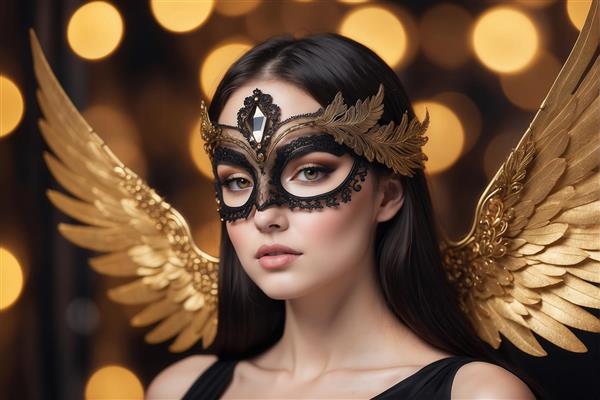 پرتره زن با ماسک توری طلایی و بال برای تابلو دکوراتیو فانتزی