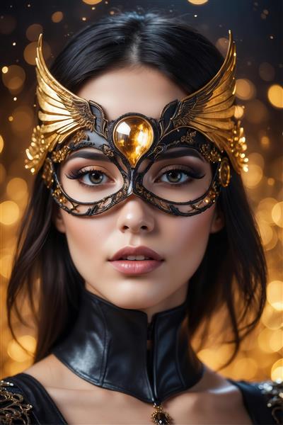 عکس پرتره زن با ماسک طلایی بالدار و لباس مشکی برای پوستر