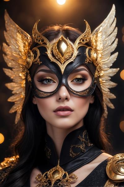 طرح زن در لباس و ماسک سیاه طلایی با بال برای تابلو دکوراتیو