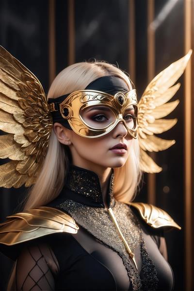 پرتره زن مرموز با ماسک و بال طلایی و لباس مشکی برای چاپ