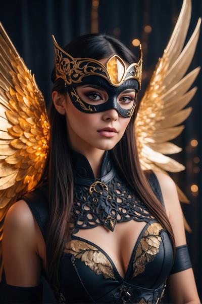 پرتره زن در لباس مشکی با ماسک و بال طلایی برای تابلو فانتزی