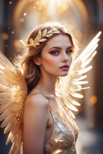 پرتره فرشته زن با تاج برگ زیتون و بال‌های نورانی برای چاپ