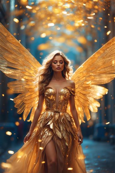 تصویر الهه با بال‌های بزرگ طلایی در حال پرواز برای چاپ روتختی