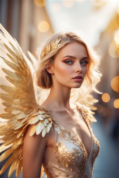 عکس فرشته زن با لباس پر زرق و برق طلایی برای تابلو لوکس
