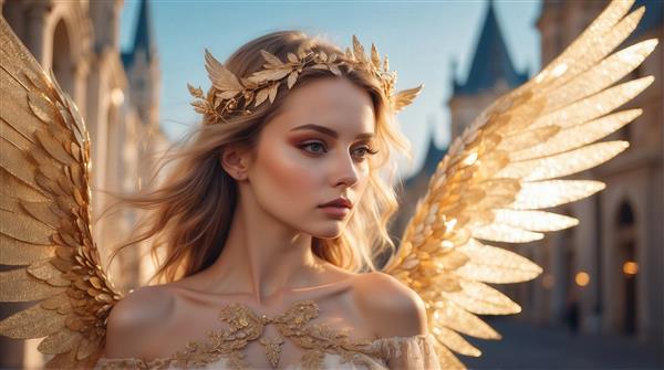 پرتره زن فرشته با تاج برگ طلایی در فضای شهری برای چاپ