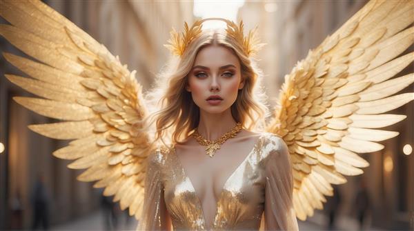 عکس فرشته الهه نورانی با بال طلایی بزرگ برای تابلو پذیرایی