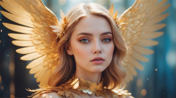 پرتره زن فرشته زیبا با بال‌های طلایی درخشان برای چاپ کوسن