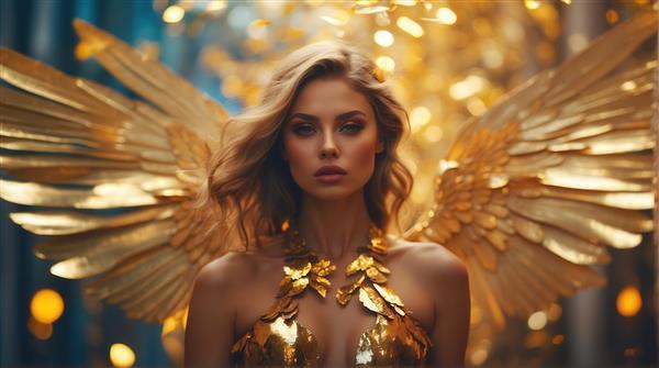 طرح زن فرشته با بال طلایی و لباس برگ طلایی برای تابلو لوکس