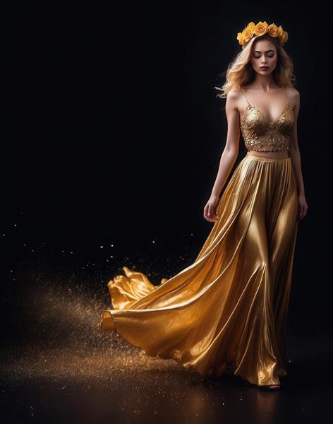 طرح زن در لباس طلایی بلند با تاج گل برای چاپ روتختی لاکچری