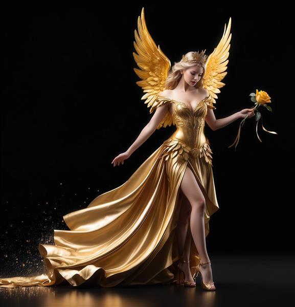 تصویر فرشته الهه با لباس طلایی و گل رز برای تابلو دکوراتیو مشکی
