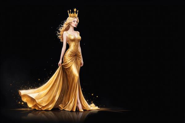 تصویر زن در لباس شب طلایی برای تابلو دکوراتیو پس‌زمینه تیره