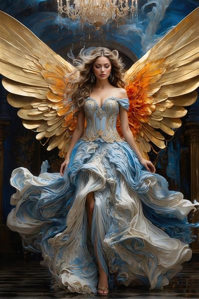 عکس ملکه باشکوه با بال طلایی در سالن مجلل برای چاپ پرده