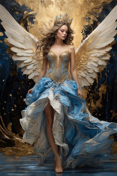 تصویر ملکه اثیری با لباس آبی و طلایی برای تابلو اتاق خواب