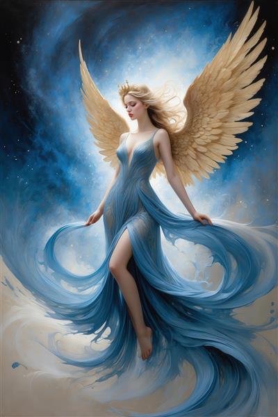 تصویر فرشته ملکه با بال طلایی در میان موج‌های آبی برای چاپ