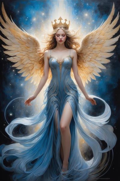 عکس فرشته الهه نورانی با بال طلایی برای تابلو دکوراتیو لاکچری