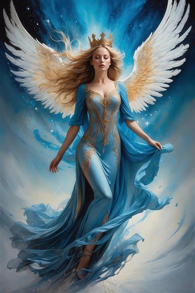 تصویر فرشته ملکه با لباس آبی و تاج طلایی برای پوستر مدرن
