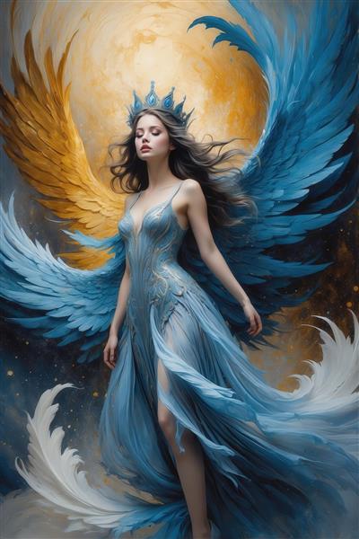 عکس الهه با بال‌های آبی و طلایی برای تابلو دکوراتیو نشیمن