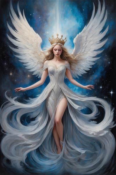 طرح ملکه آسمانی با لباس سفید و تاج طلایی برای تابلو دکوراتیو
