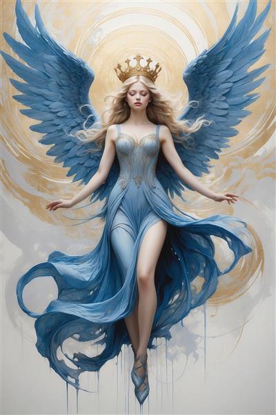 عکس فرشته زن با تاج طلایی و بال‌های آبی پرپشت در لباس آبی روان در زمینه طلایی سفید
