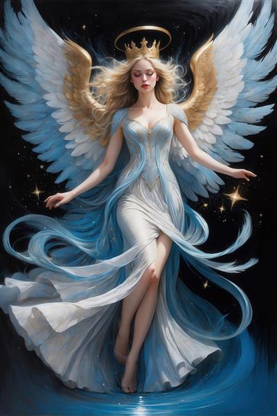 طرح فرشته زن با تاج، هاله‌ی نور، لباس آبی و بال‌های طلایی و آبی در زمینه ستاره‌ای