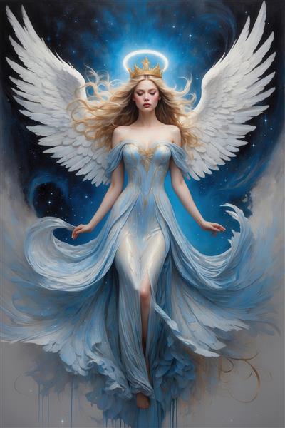 تصویر فرشته با تاج و هاله‌ی نور، لباس آبی و سفید روان در زمینه کیهانی تاریک