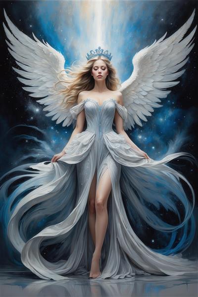 تصویر فرشته شاهزاده با تاج، لباس سفید و آبی روان و بال‌های بزرگ در پس‌زمینه ستاره‌ای
