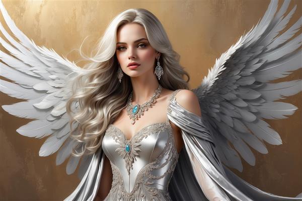 طرح پرتره کلوزآپ فرشته زن با موی نقره‌ای، جواهرات فیروزه‌ای و بال سفید