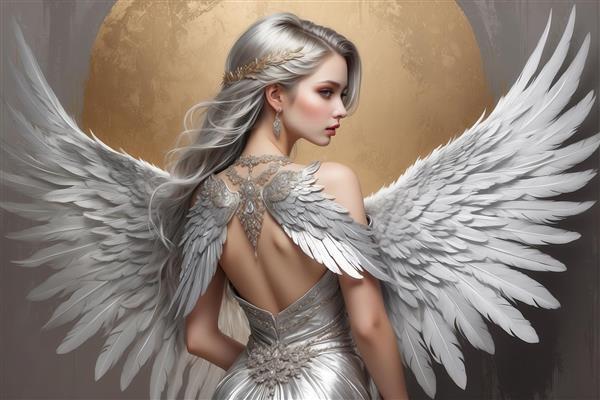 طرح پرتره فرشته زن با موی نقره‌ای و بال سفید بزرگ در مقابل دایره طلایی