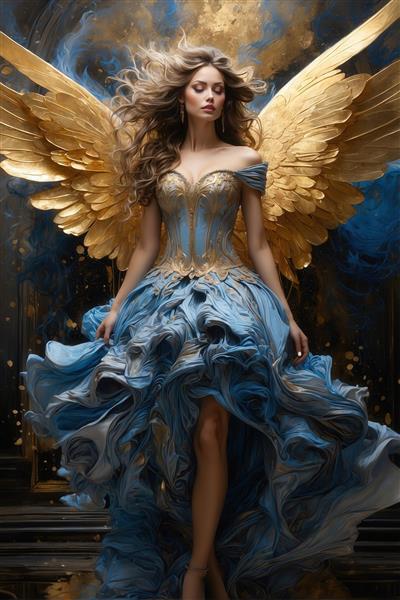 عکس فرشته زن با بال‌های طلایی بزرگ و لباس آبی سلطنتی حجیم دراماتیک