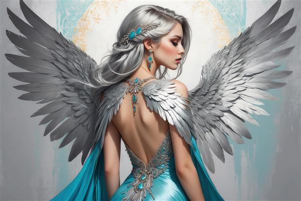 تصویر فرشته زن از پشت با لباس فیروزه‌ای و نقره‌ای، بال‌های خاکستری/نقره‌ای