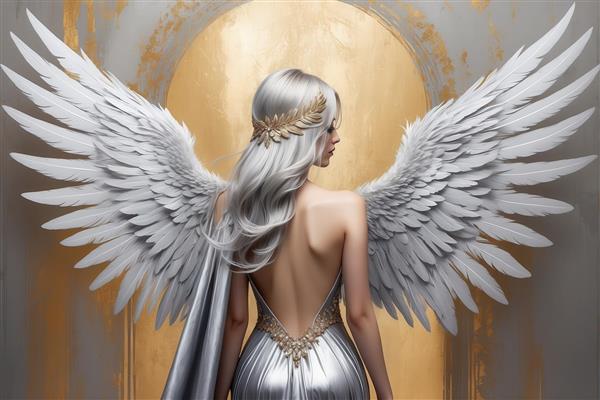 طرح فرشته زن با موی نقره‌ای در حالت پشت به نیم‌رخ با بال‌های بزرگ سفید