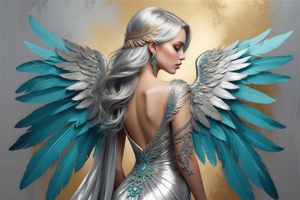 طرح فرشته زن با بال نقره‌ای و پارچه فیروزه‌ای در پس‌زمینه نقاشی آبرنگی
