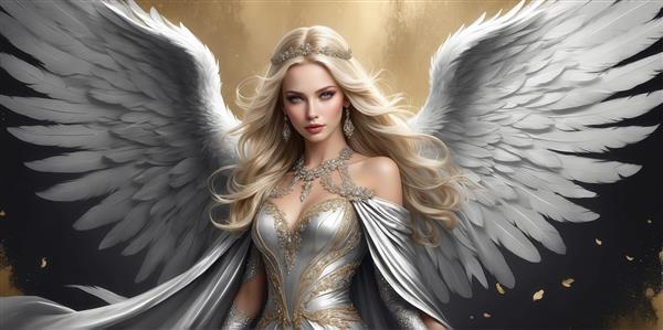 عکس فرشته زن بلوند با بال سفید بزرگ در زمینه طلایی دکوراتیو