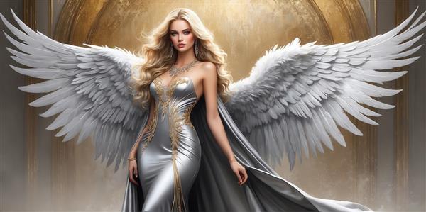 عکس فرشته زن با لباس نقره‌ای و طلایی، بال سفید برای تابلو پذیرایی