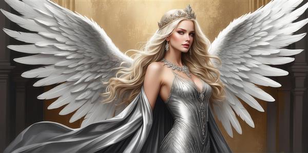 تصویر فرشته زن با موی بلوند و بال‌های سفید بزرگ برای پرده چاپی