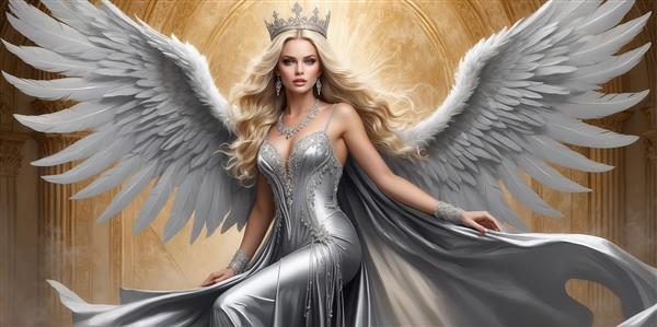 طرح فرشته زن تاجدار با بال بزرگ در پس‌زمینه طلایی برای چاپ روتختی