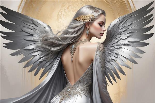 عکس فرشته زن با موی نقره‌ای و بال‌های خاکستری برای پوستر دیواری