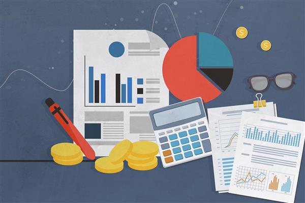 پوستر دیواری حسابداری سه بعدی با داده های تحلیل مالی و نمودارهای مالی